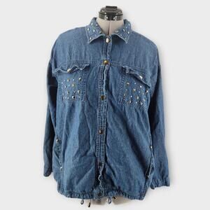Mureli Snap Down Women's 1X Blue Denim Studded Rhinestone Collared Rodeo VTG